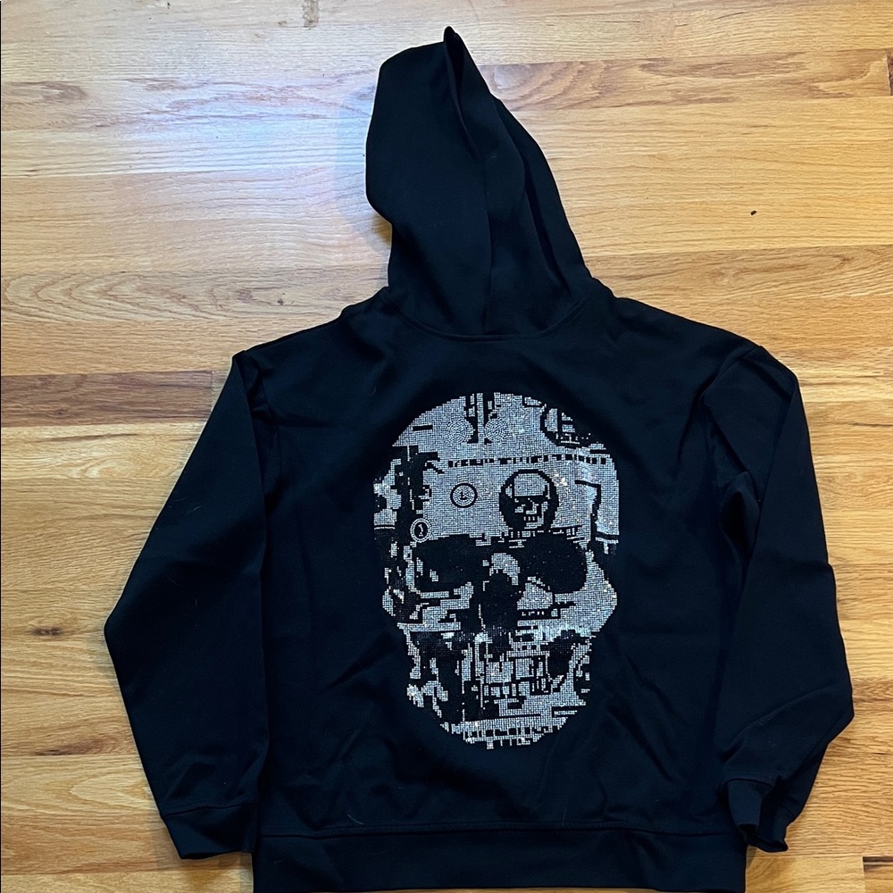 Black Hoodie with Rhinestone Skull Graphic